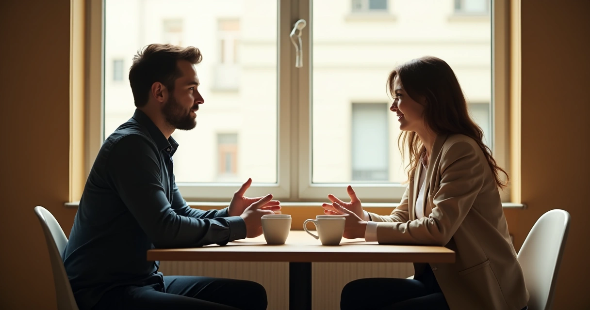 Dos personas sentadas frente a frente en una mesa pequeña, compartiendo diálogo abierto y mirándose a los ojos 