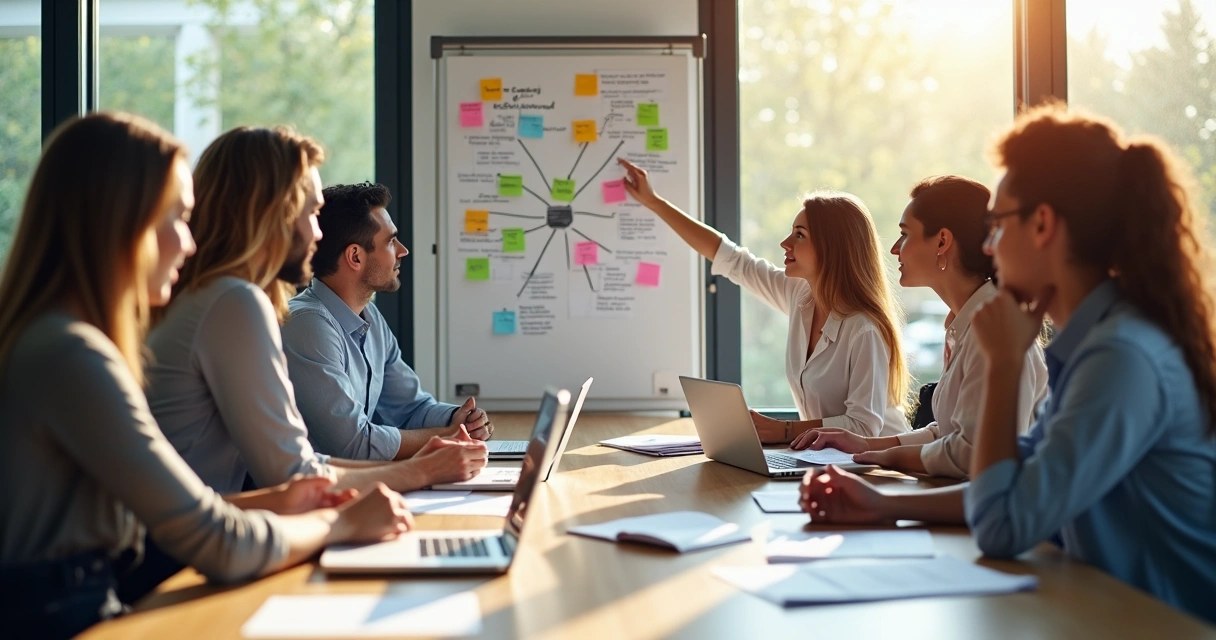 Equipe reunida em círculo em sala luminosa, discutindo e apontando para quadro branco
