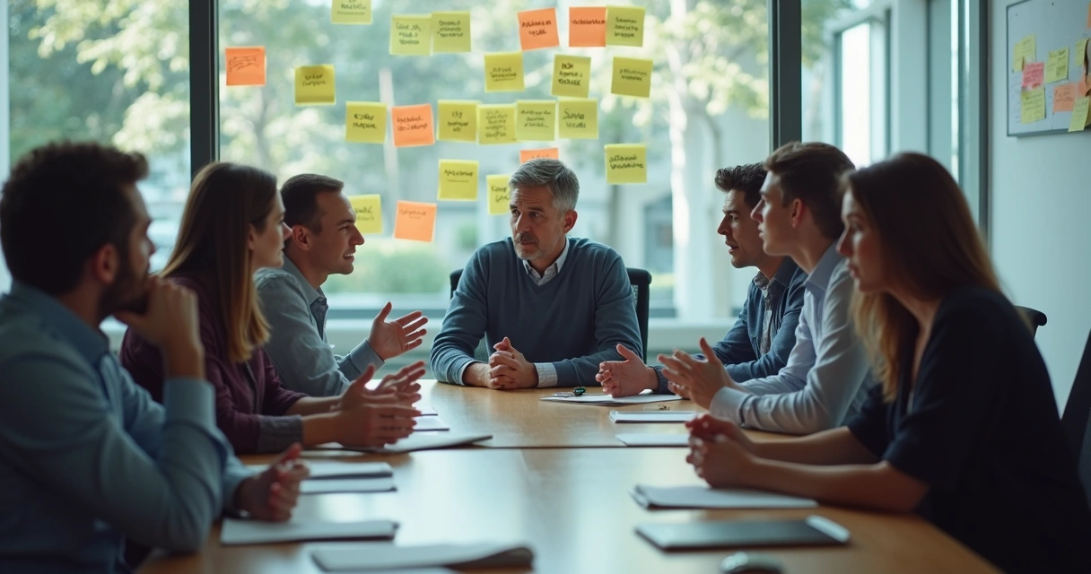 Personas en una oficina dialogando y mostrando expresiones de duda 