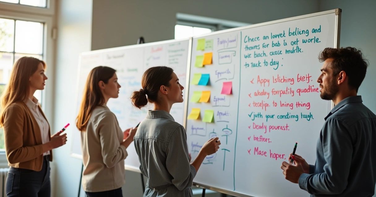Dinâmica de grupo com pessoas escrevendo crenças em quadros. 