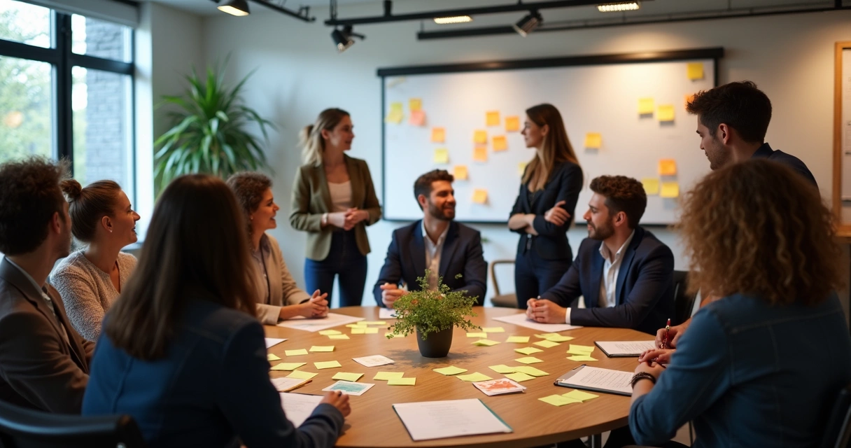 Pessoas trocando ideias em workshop de dinâmicas de grupo 