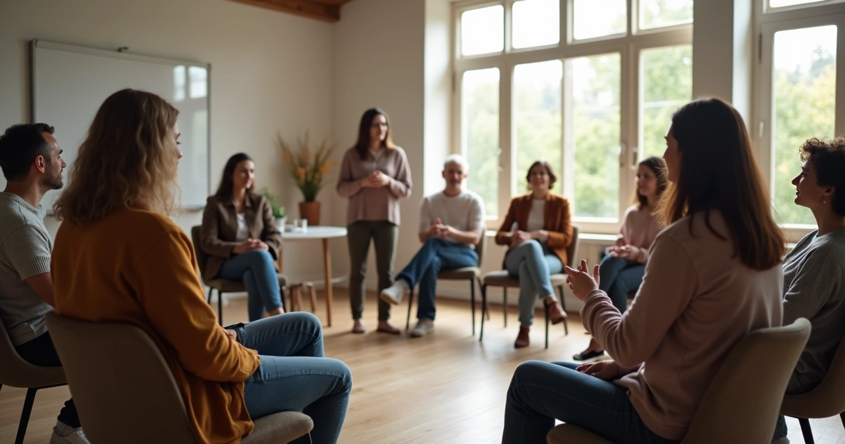Pessoas em atividade de dinâmica em grupo, formando um círculo de diálogo 
