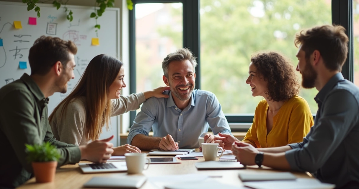 Dinámica emocional positiva en grupo de trabajo en oficina 