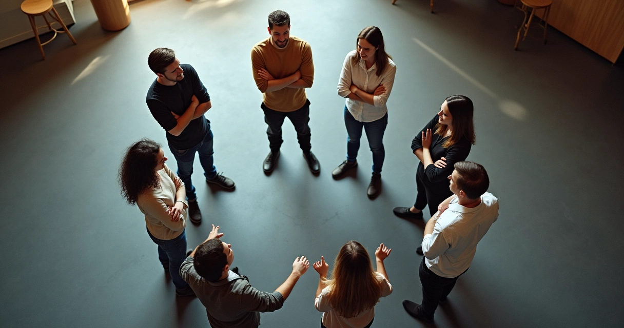 Equipe em círculo, com energias e posturas corporais distintas. 