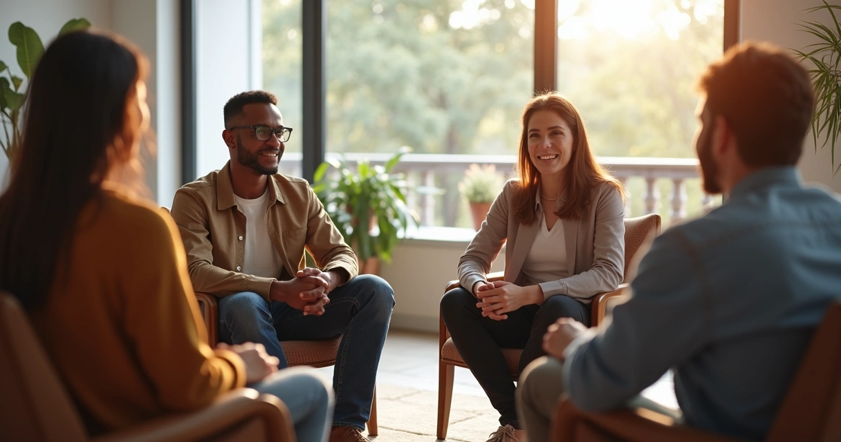 Personas reunidas en círculo dialogando en un espacio luminoso 