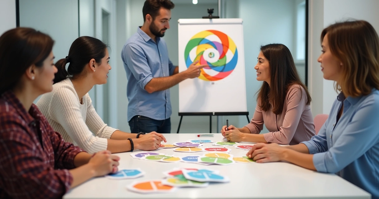 Equipo participando en dinámica emocional con tarjetas de colores 