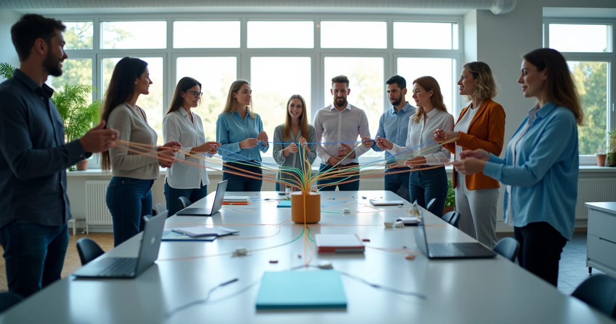 Colaboradores reunidos formando uma rede de conexões entre si 