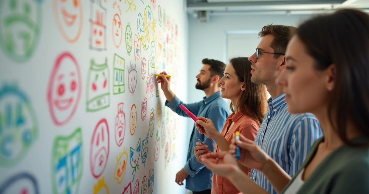 Dinâmica de grupo em empresa familiar, com pessoas desenhando emoções em quadro