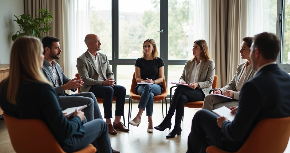 Grupo de profissionais sentados em círculo em sala de reunião, participando de dinâmica de autoconhecimento 