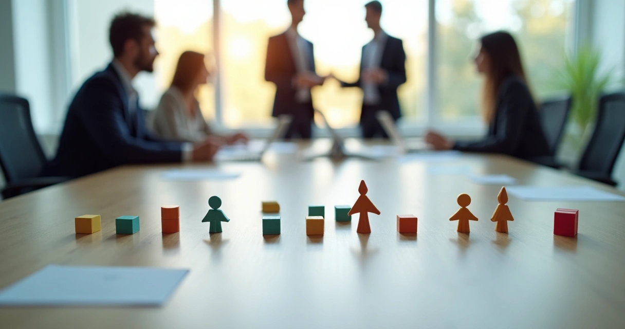 Símbolos representando setores e equipes em dinâmica empresarial 