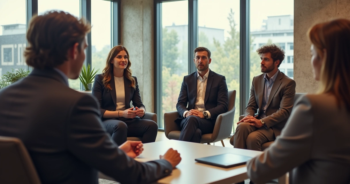 Candidatos em grupo em dinâmica de seleção, demonstrando atenção a quem está falando. 