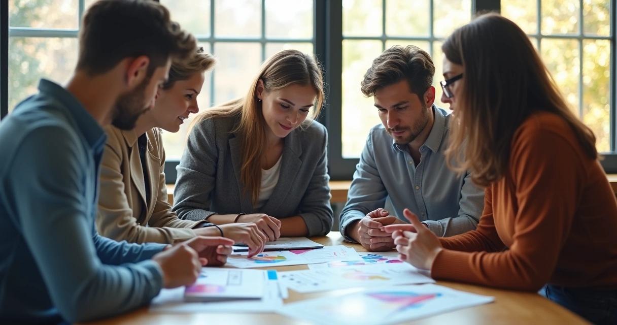 Equipe em mesa, conectada olhando gráficos e discutindo estratégias 