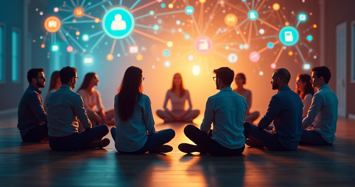 Equipe reunida em círculo, com figuras coloridas representando relações entre os membros