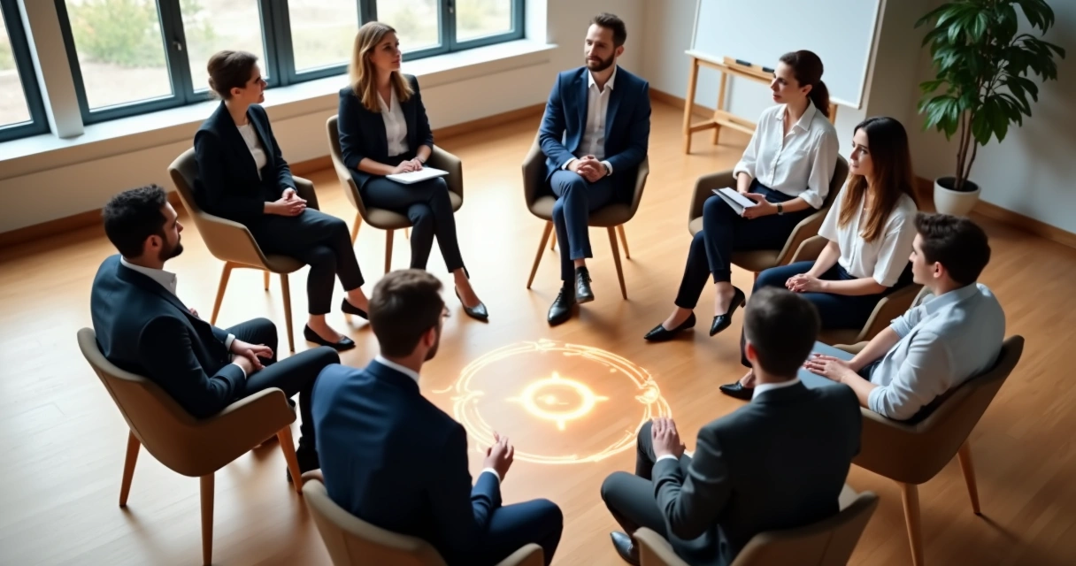 Equipe em círculo observada de cima com símbolos sutis de constelação sistêmica no chão 