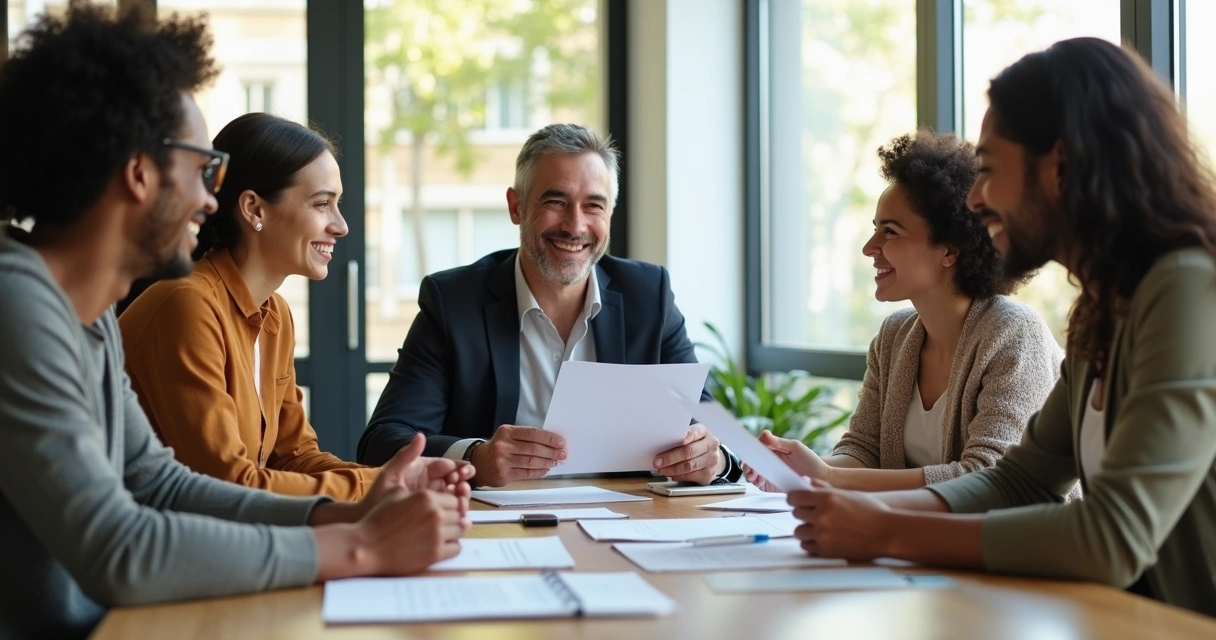 Equipe diversa em reunião interagindo de forma respeitosa 