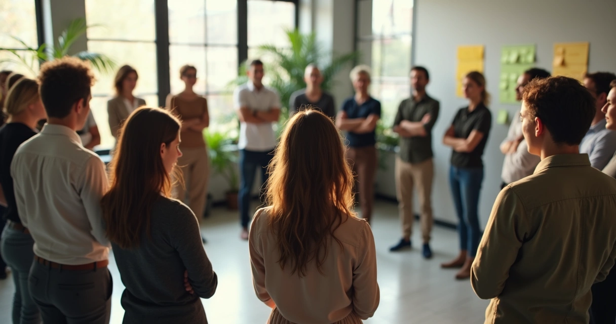 Equipe empresarial participando de dinâmica no escritório. 