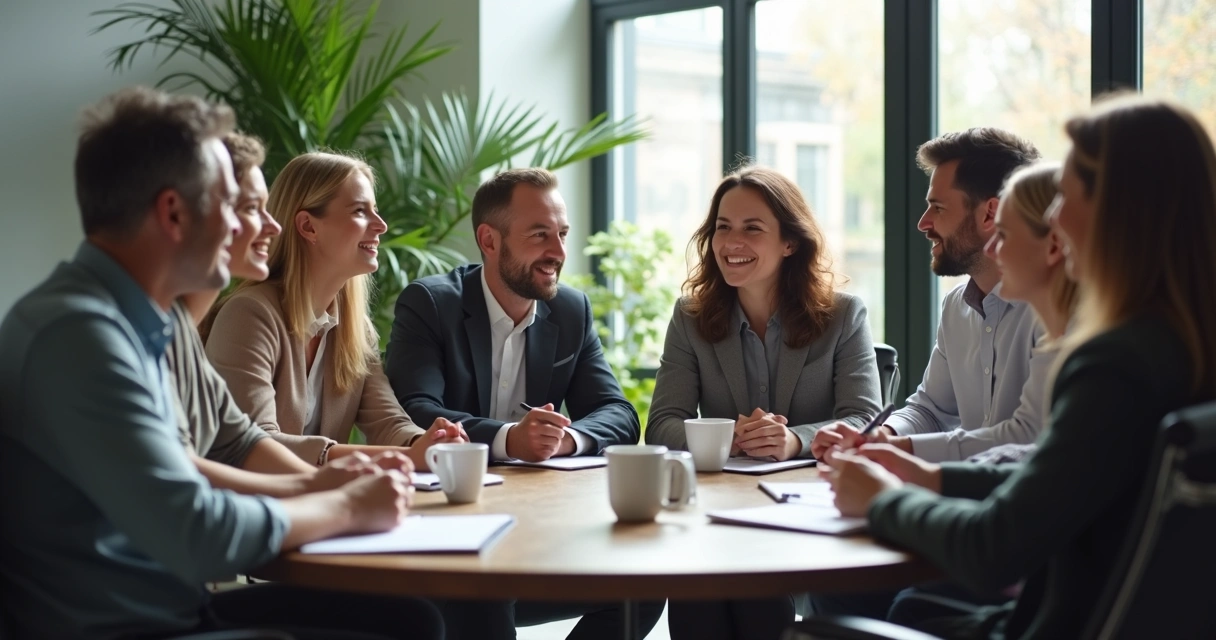 Equipe em círculo trocando olhares durante reunião de trabalho