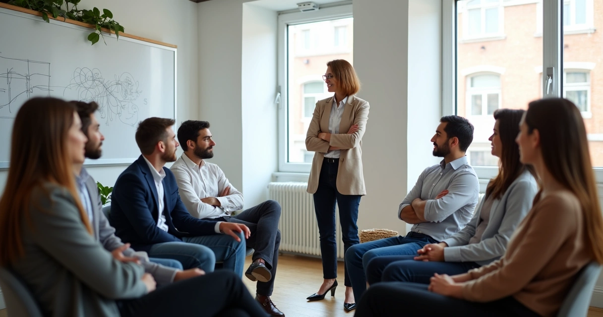 Facilitador observando membros de equipe em círculo durante dinâmica sistêmica. 