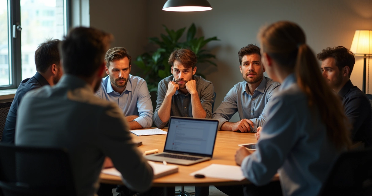 Equipe trabalhando em uma pequena sala em clima tenso.