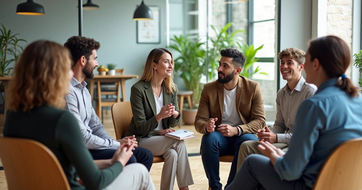 Equipe sentada em círculo durante dinâmica de grupo