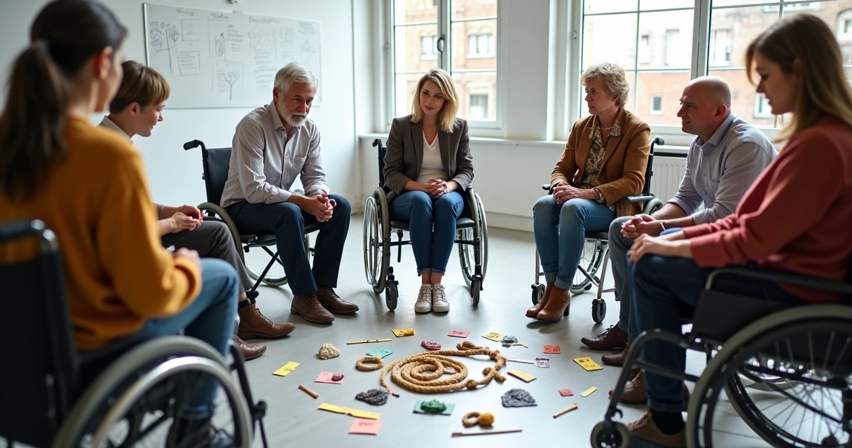 Equipe diversa reunida em círculo em uma sala, olhando para objetos distribuídos no centro 