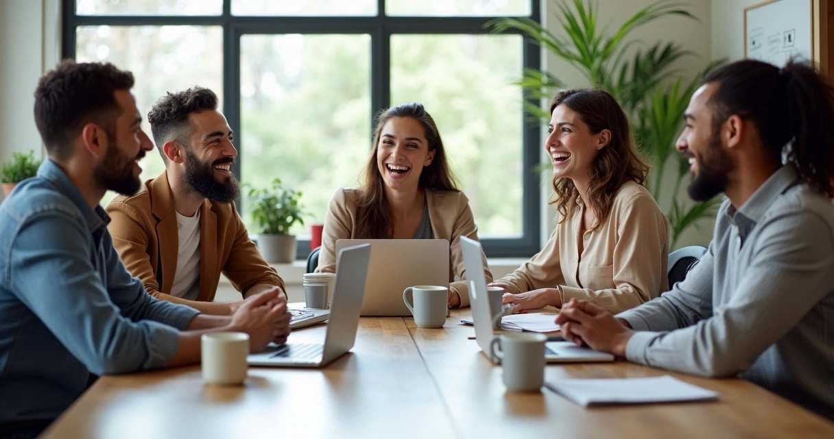 Equipe de trabalho sentada ao redor de uma mesa discutindo de forma colaborativa 