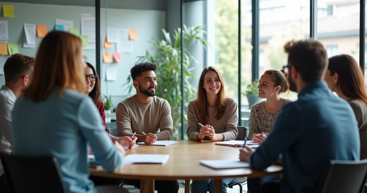 Equipe sentada em círculo trocando ideias em ambiente de trabalho moderno. 