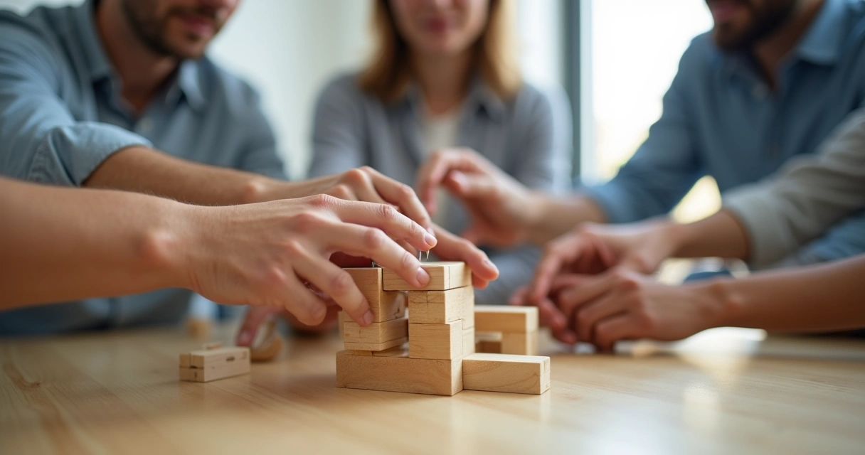 Personas construyendo una estructura juntos con bloques de madera 