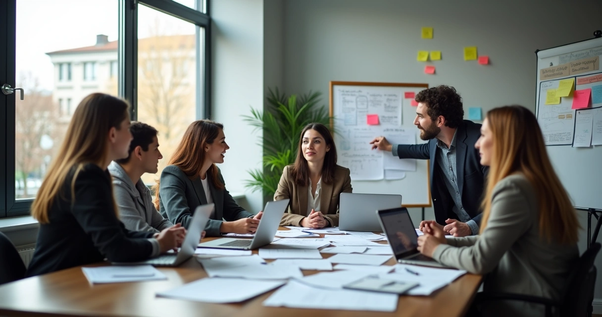 Equipo de oficina trabajando juntos en una mesa, mostrando colaboración 