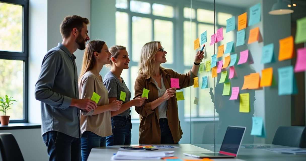 Grupo escribiendo valores en post-its durante dinámica de equipo 
