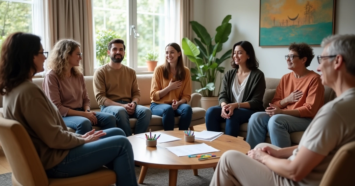 Grupo de personas en círculo compartiendo emociones en una sala luminoso 