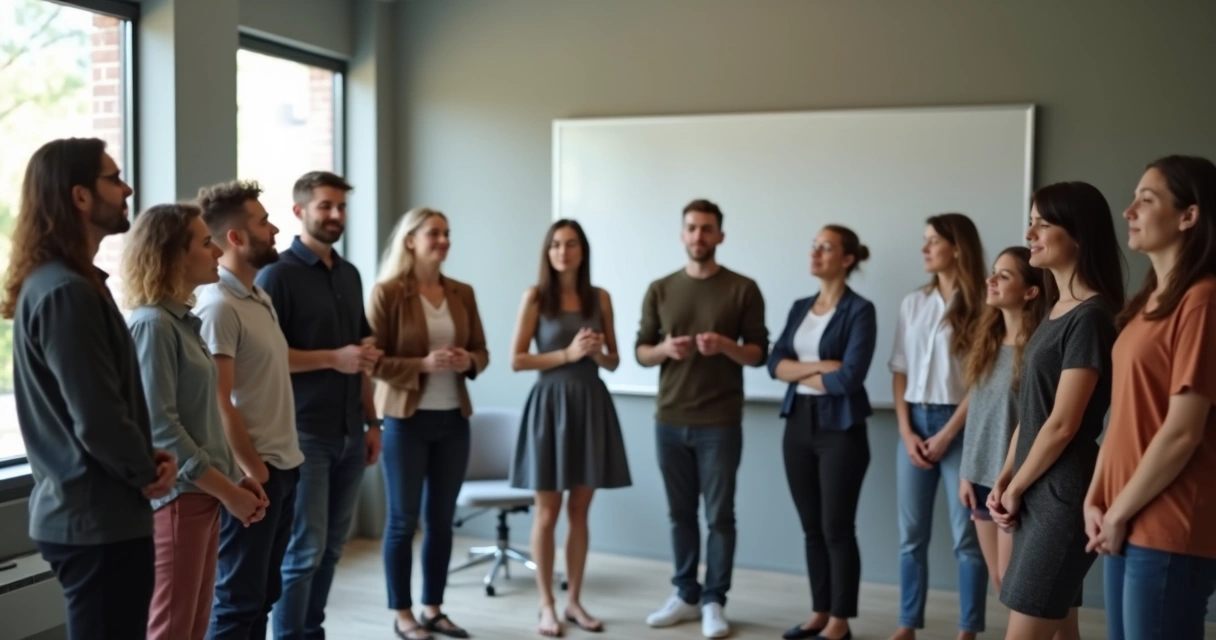 Grupo de empleados en círculo realizando ejercicio emocional 