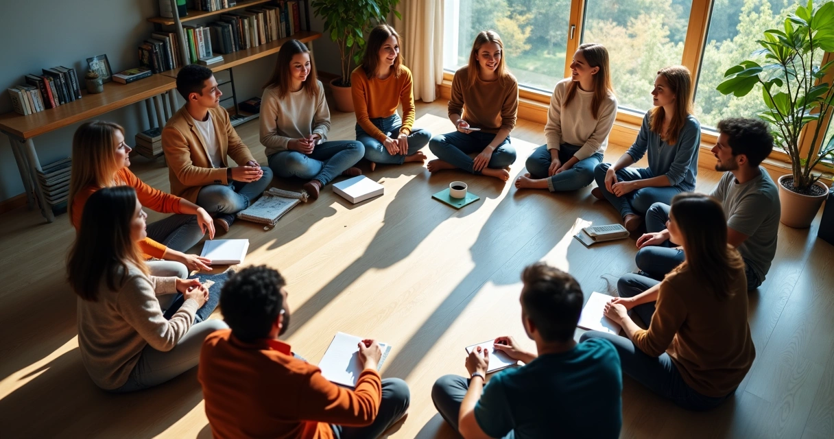Equipo reuniéndose en un círculo, mostrando dinamismo, apertura y comunicación entre miembros