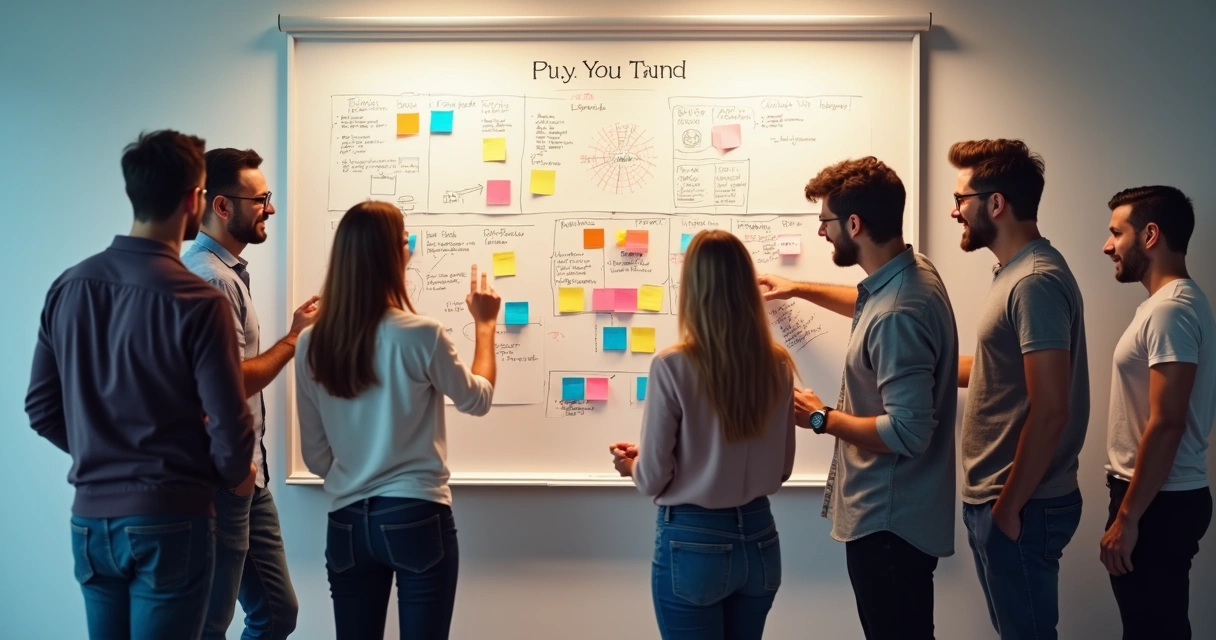 Personas diferentes alineando objetivos en una pizarra