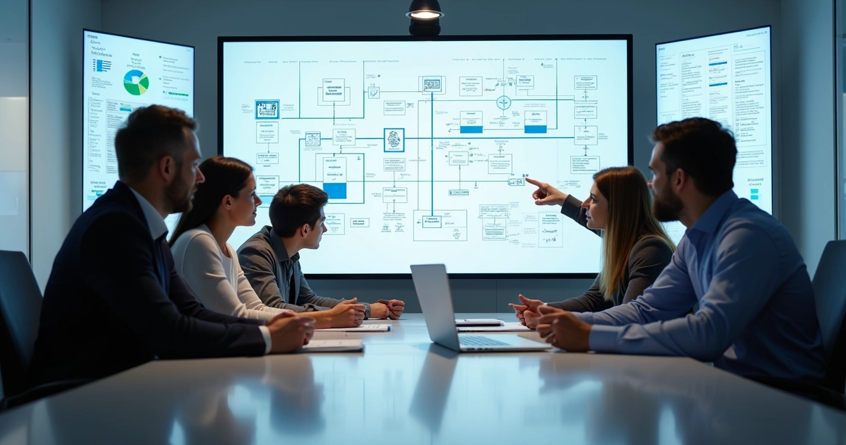 Equipo multidisciplinar alrededor de una mesa, con diagramas de sistemas visibles en pantalla y pizarras. 