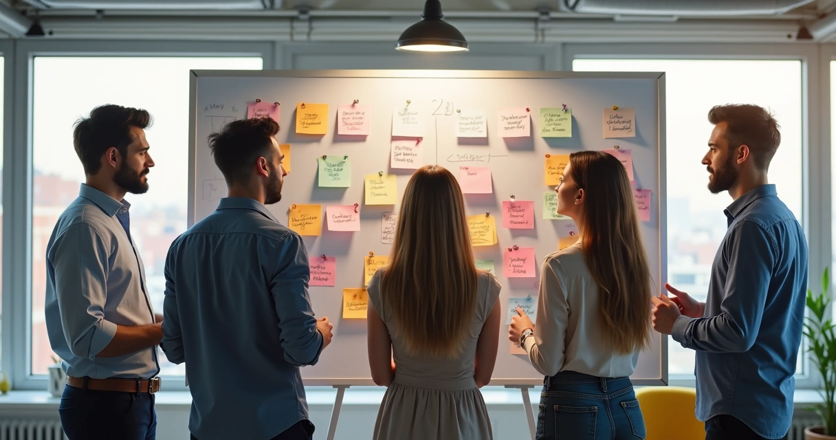 Equipo de trabajo diseñando nuevas soluciones en pizarra 