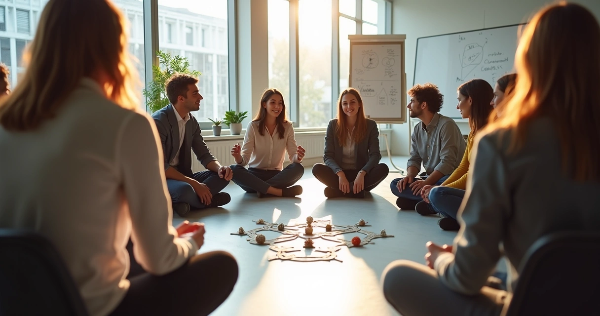 Equipo de trabajo reunido en círculo, participando en dinámica sistémica 