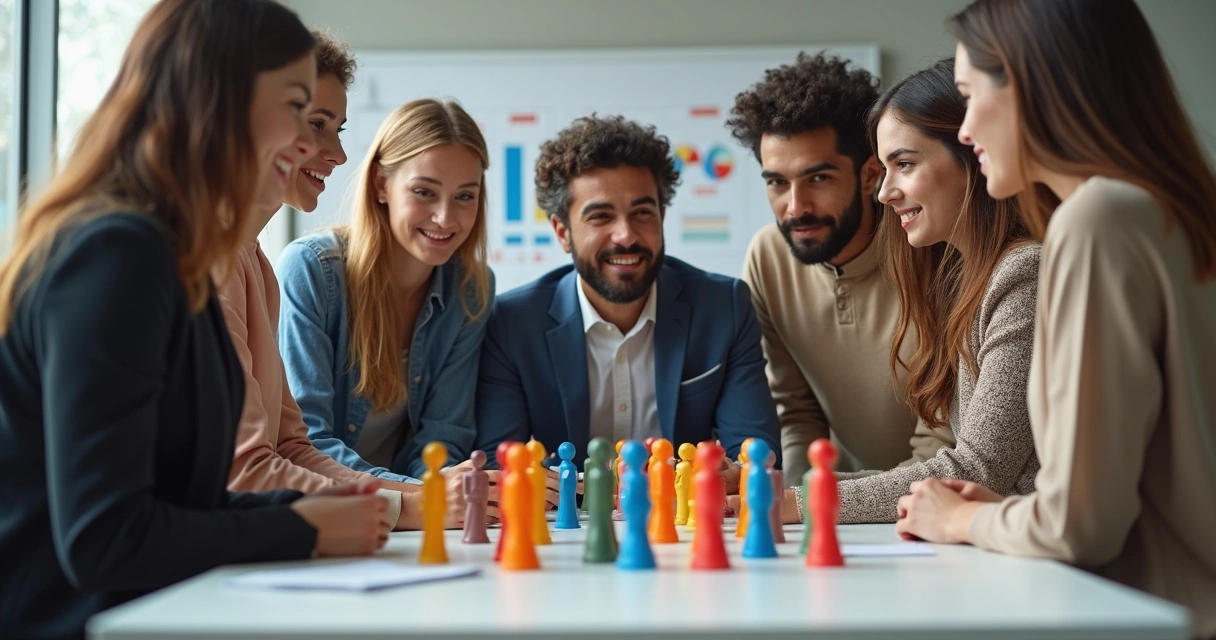 Dinámica de equipo de trabajo reunido en círculo con figuras en el centro 