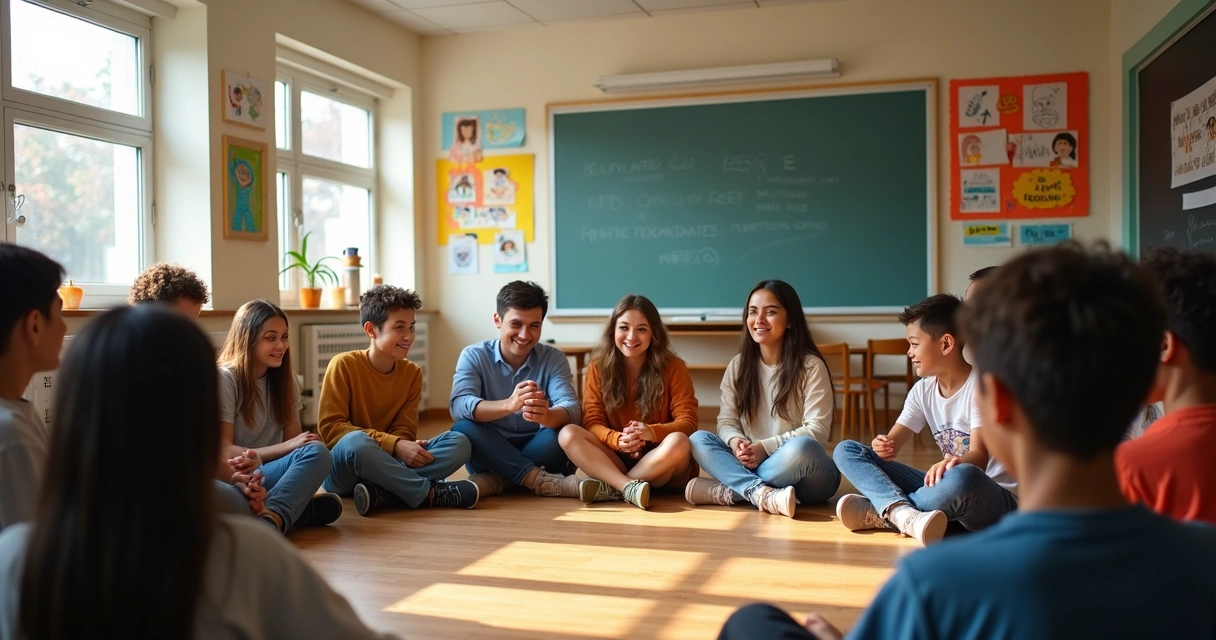 Alunos e professores em roda de conversa em escola