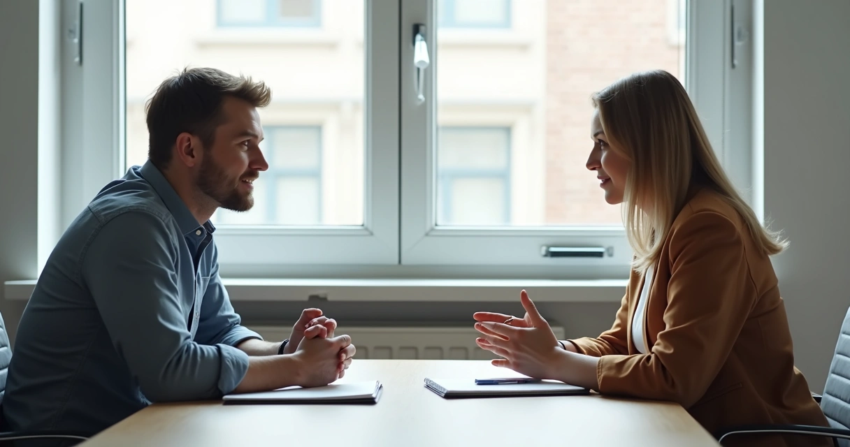 Duas pessoas em dinâmica de escuta ativa de frente uma para a outra 