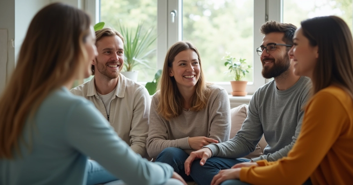 Personas sentadas en círculo, una persona aislada de pie mirando al grupo