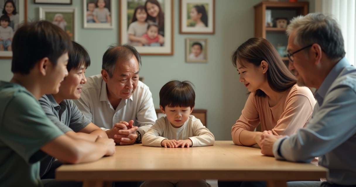 Dinâmica familiar em uma mesa, adultos olhando para uma criança com diferentes expressões
