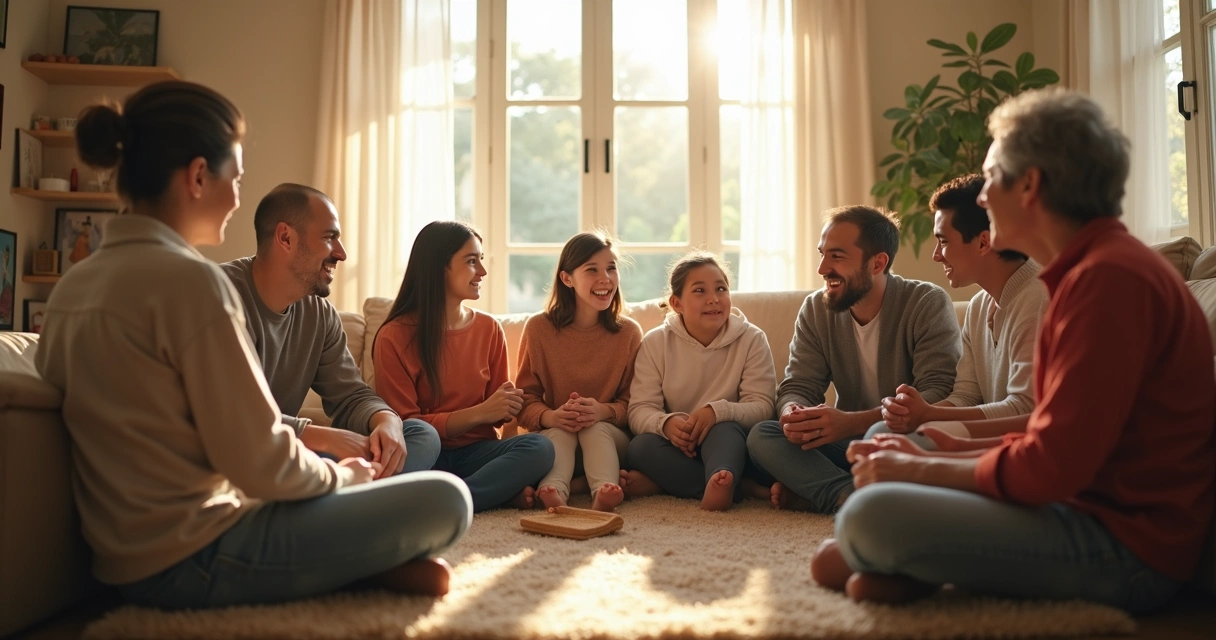 Miembros de una familia sentados en círculo, conversando de forma abierta en una sala luminosa 