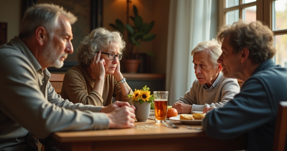 Família sentada ao redor da mesa com expressões tensas e de reflexão 