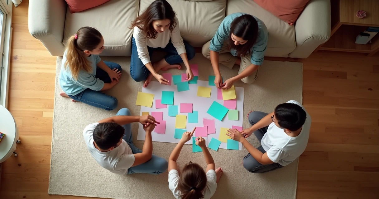 Família participando de dinâmica com papéis coloridos no chão, vista de cima, ambiente descontraído 