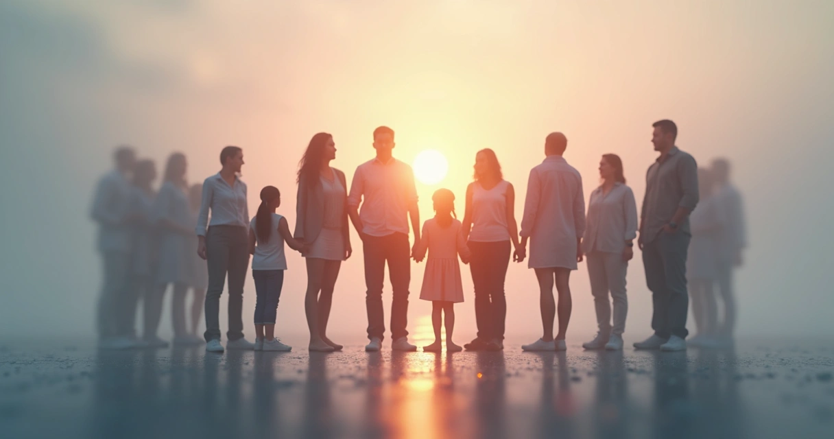 Representação visual de laços familiares em círculo com linhas conectando as pessoas 