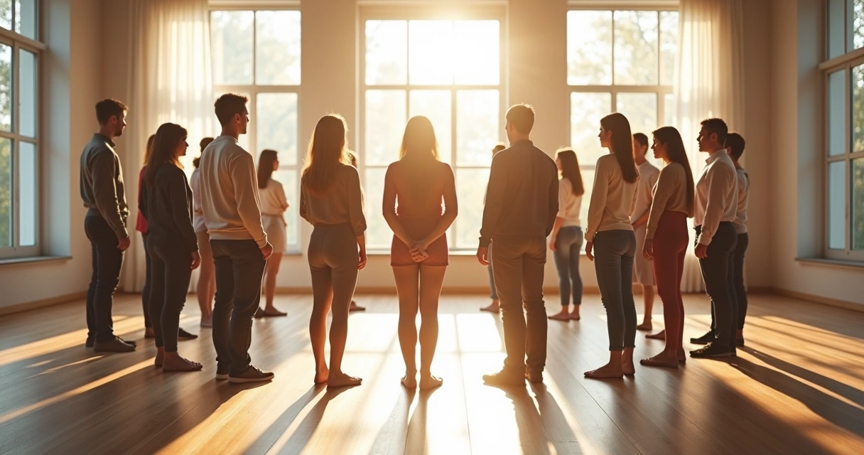 Personas representando miembros de una familia en círculo durante una constelación sistémica familiar 