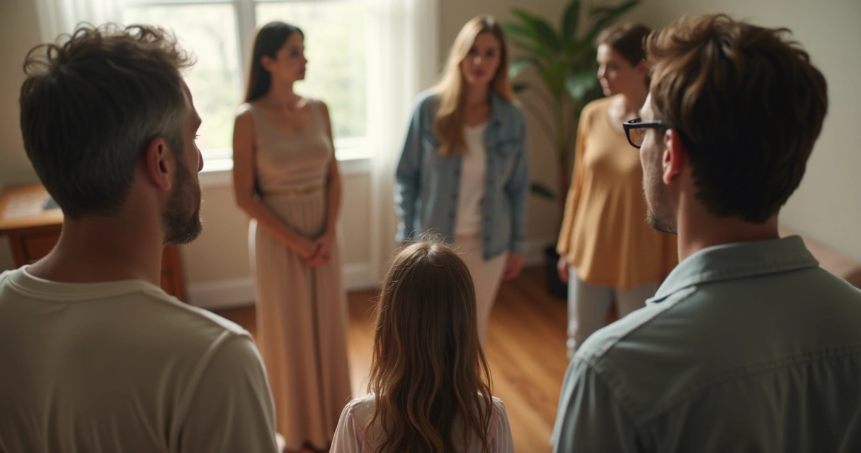 Personas de pie en círculo simulando una constelación familiar 