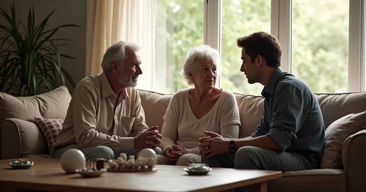 Sala de estar familiar con tres personas en un dilema ante varias opciones en una mesa 