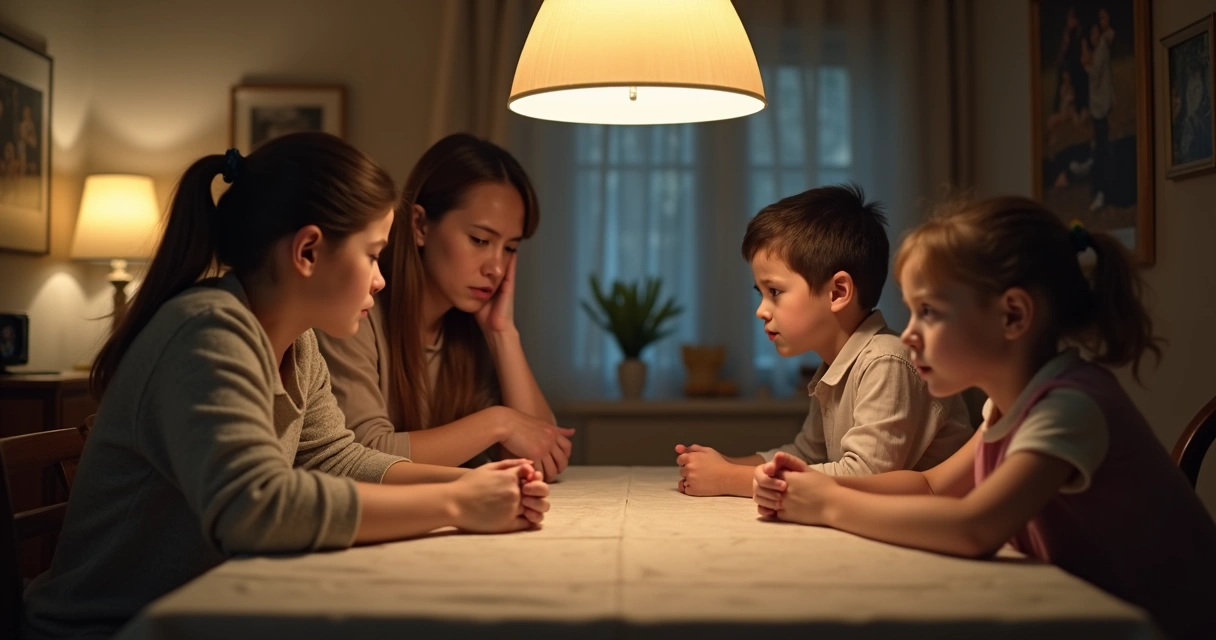 Padres y dos hijos sentados en una mesa, expresión tensa y silenciosa